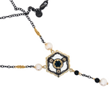 Brunelleschi Necklace with London Blue Topaz, Fresh Water Baroque Pearls and Onyx