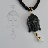 The Enlightened Buddha Pendant with Vintage hand-carved Onyx paste, Burmese Rubies, Black Diamond, Red Garnet and Freshwater Pearl