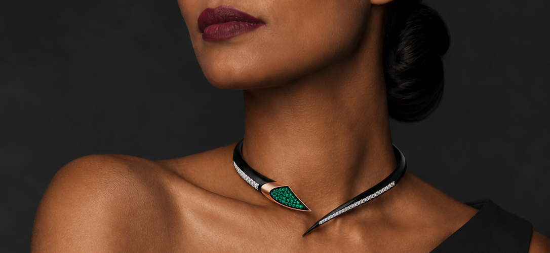 A close-up of a model wearing a sculptural silver choker necklace with a green and white geometric pendant, paired with a black one-shoulder dress against a dark background.