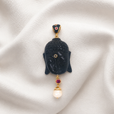The Enlightened Buddha Pendant with Vintage hand-carved Onyx paste, Burmese Rubies, Black Diamond, Red Garnet and Freshwater Pearl